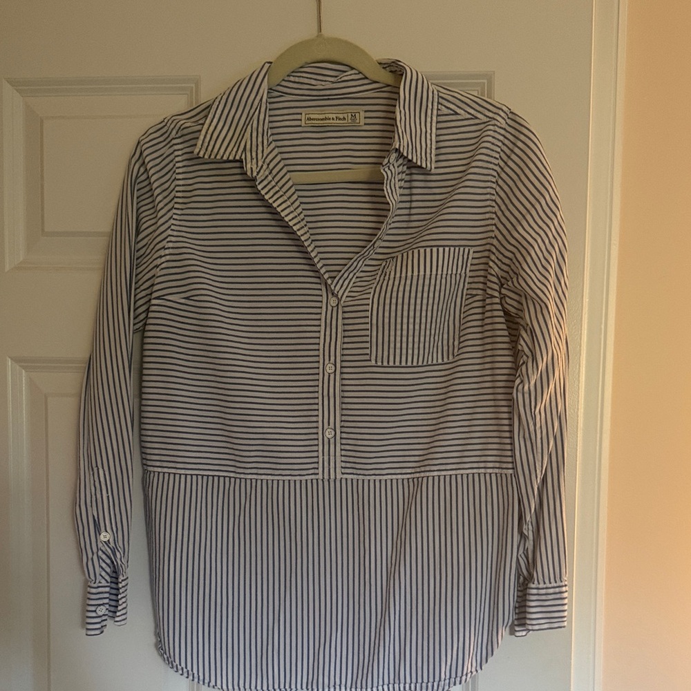 Abercrombie & Fitch Navy and White Striped Button Down Shirt